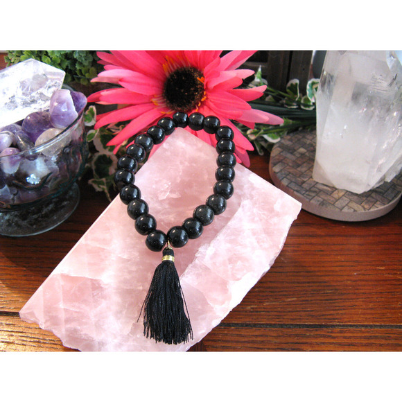 New Natural Black Obsidian Beaded Cuff Bracelet w/ Tassel - Picture 4 of 8